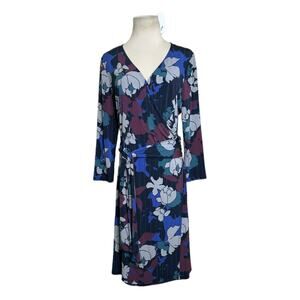 Sabie Blue Floral 3/4 Sleeve Faux Wrap Dress  size Medium